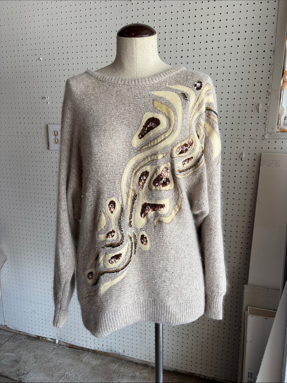 Sequin-Appliqué Beige Crewneck Sweater with Cream Accents